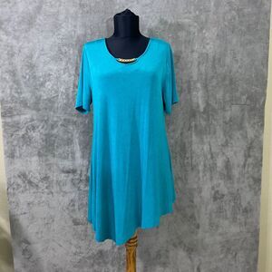 CHICO'S TRAVELERS slinky stretch Versatile Tunic dress M Blue gold chain detail